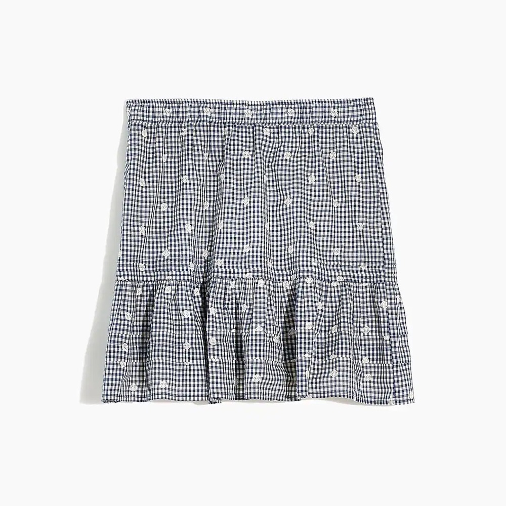 Madewell Embroidered Tiered Pull-On Mini Skirt in Gingham Check